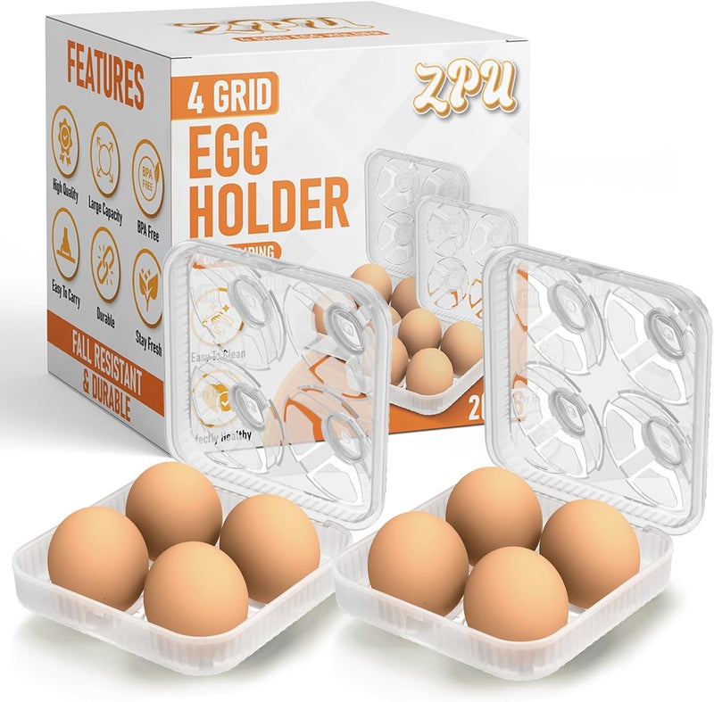 ZPU Egg Holder Camping, 2Pcs 4 Grid Egg Container, Plastic Egg Carrier for Camping Picnic Travel Outdoor Refrigerator Kitchen, Protective Egg Storage Case, Clear White - Image 1